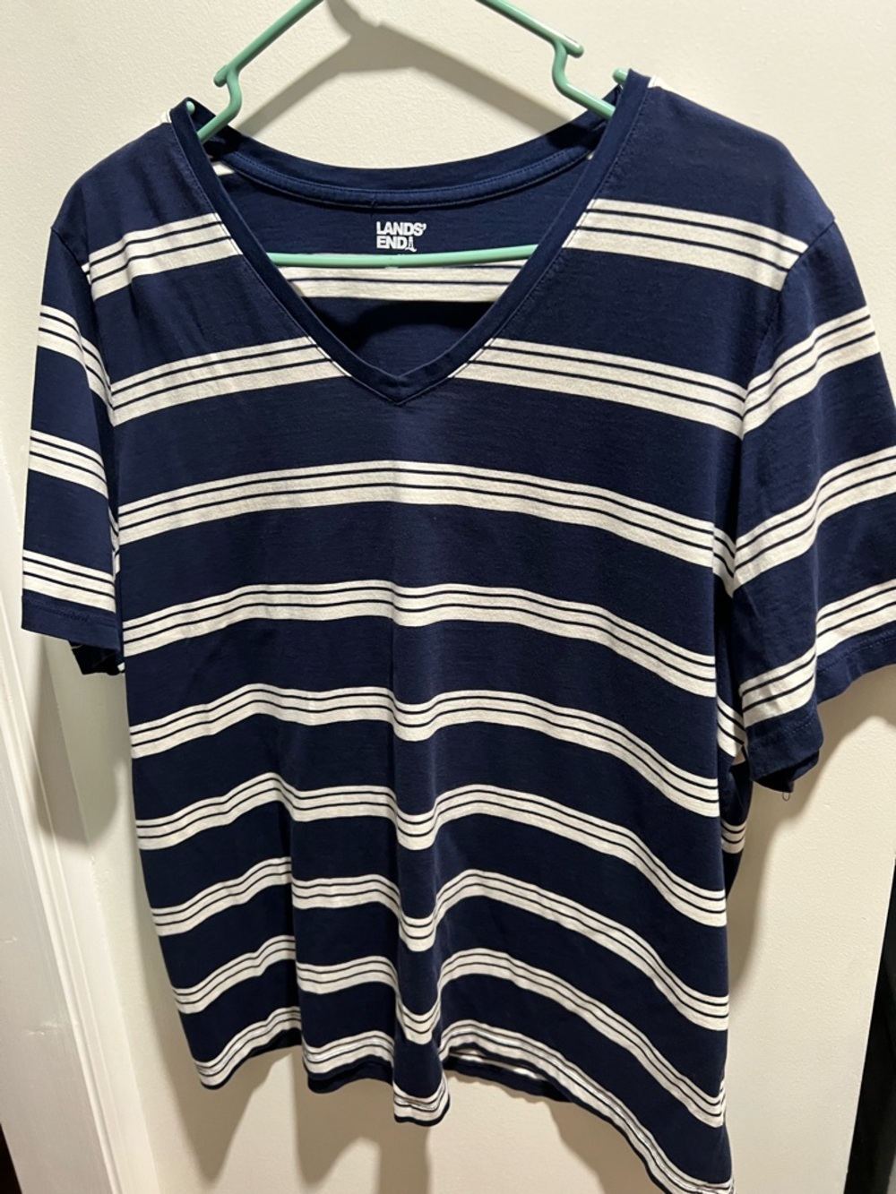Lands' End Men's Navy & White Striped V-Neck Tee